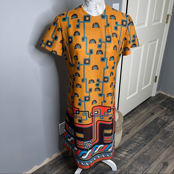 Lady Carol Dresses & Skirts - Vintage 70s Lady Carol Orange Print Secretary Geometric Sheath Dress Medium